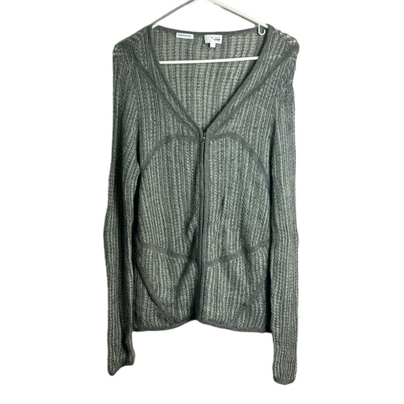 TSE Wool Silk Blend Gray Zip Up Knit Lightweight Cardigan Sweater Size Large - Picture 1 of 9